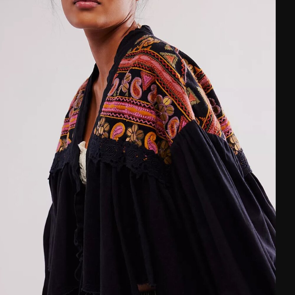Free People Savannah Bed Jacket Embroider Lace Paisley Print Sequin Black
